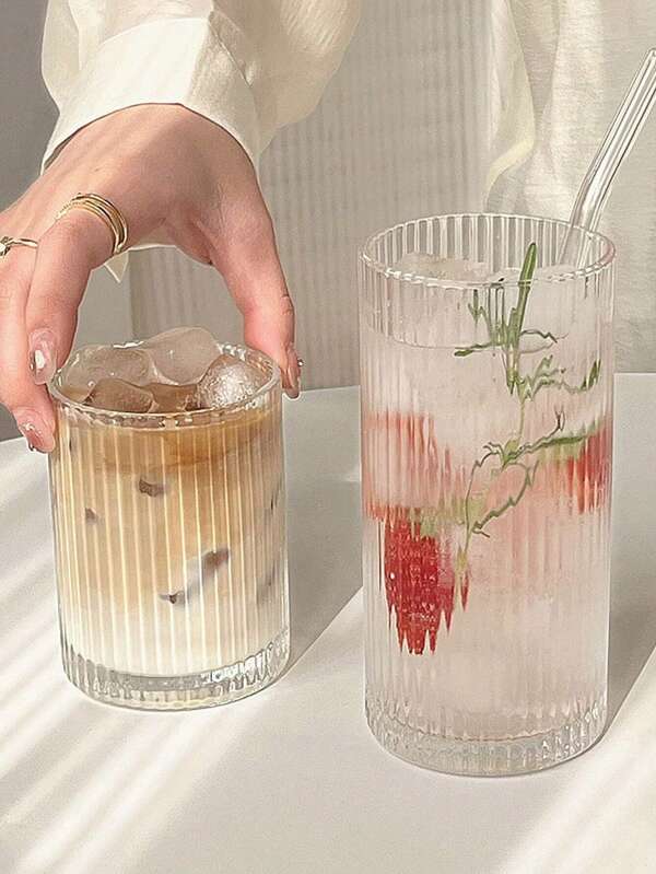 6/1 pieza Vaso de vidrio con rayas verticales rectas adecuado para café, latte, jugo, leche, té de frutas en el hogar