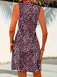 Chic Leopard Sleeveless Mid-Length Dress, Knotted V-Neck Shift Dress