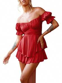 Women Short Jumpsuit, Short Sleeve Off-Shoulder Solid Summer Playsuit For Party Club - Redwood - View 3