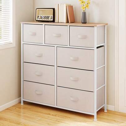 BALCONERA Chest Of Drawers, 9 Drawers With Handles, Bedroom Cabinet With Steel Frame, Fabric Dresser & Wood Top, Storage Unit For Bedroom, Living Room