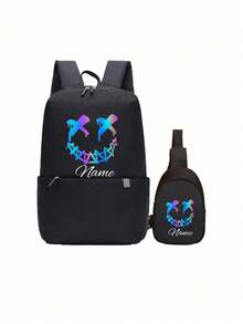 Customized Fitness Backpack, Can Be Printed With Personalized Name Or Holiday Greetings. Customize Your Own Crossbody Bag. 2 Pieces Mini Combination, Back To School Fashion Large Capacity Bag, Cute Cartoon Funny Spoof Ghost Face Smiling Face - Text - View 6