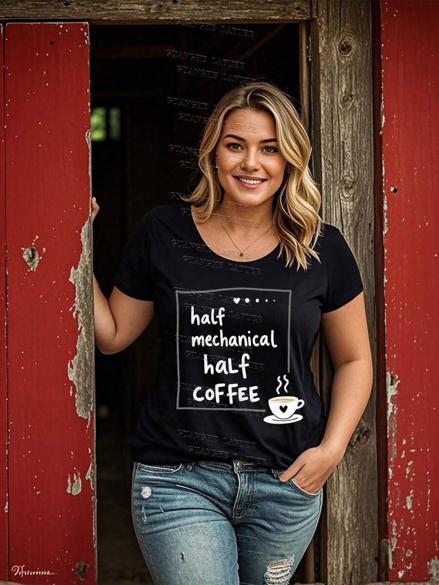 Camisetas gráficas 100 % algodón para mujer, tallas grandes, regalos para el día de la madre, tallas 0XL a 3XL, regalos de cumpleaños para mujer, camiseta mitad mecánica, mitad café. Camiseta de mecánico, camiseta de mecánico diésel, camiseta mitad mecánico mitad café - Negro - Ver 1
