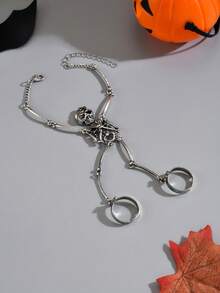 1pc Vintage Gothic Punk Skull Bone Fingerless Bracelet, Fashionable & Unique For Halloween - Antique Silver - View 4