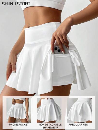High Waist White Tennis Skort, 2 In 1 Anti-Flashing Golf, Badminton, Fitness Shorts Skirt With Pockets, Summer Sports Skirt Leggings, Side Pockets Outdoor Running Exercise New Women Skort