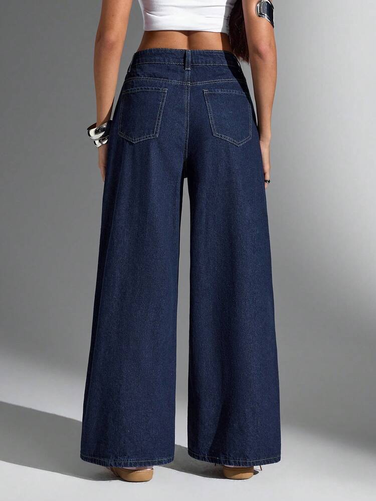 SHEIN Jeanoir Damen Jeans mit weitem Bein, lockere Passform, lässig und vielseitig - Dunkle Waschung - Übersicht 2