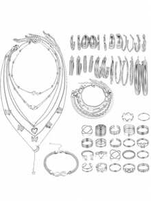 68/58/35 Pieces Vintage Elegant And Delicate Faux Pearl, Bow, Star, Moon, Rhinestone, Wide Brass Hoop, Snake Bone Chain, Twisted Chain, Geometric Wide C-Shaped Earrings, Earring Clips, Necklace, Bracelet Jewelry Set For Holiday, Party, Date - 銀色 - 查看 10