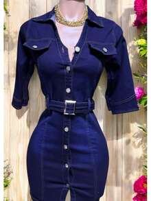 Women Denim Dresses - Dark Wash - View 7