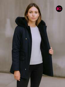 Cazadora para mujer en varios colores con capucha y forro afelpado, cazadora térmica casual elegante de invierno con bolsillos frontales, ajuste en cintura y cierre frontal, abrigo largo cálido estilo parka para clima frío - Azul Marino - Ver 1
