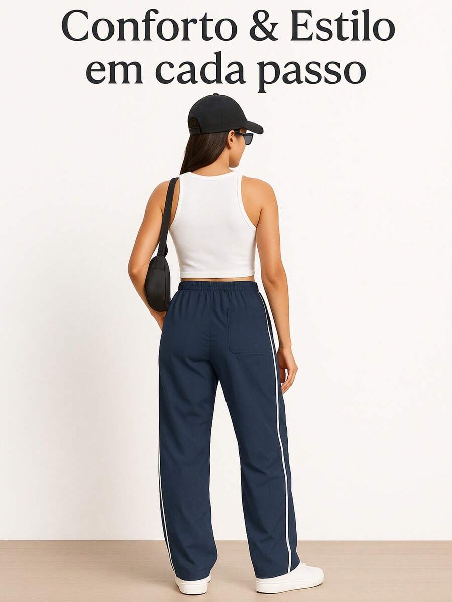Tactel Basic Street Wide Leg Pants With Drawstring Waist - Azul Marino - Ver 1