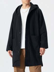 男士加大码长袖黑色轻薄中长款休闲风衣，适合秋季穿着 - 黑色 - 查看 5