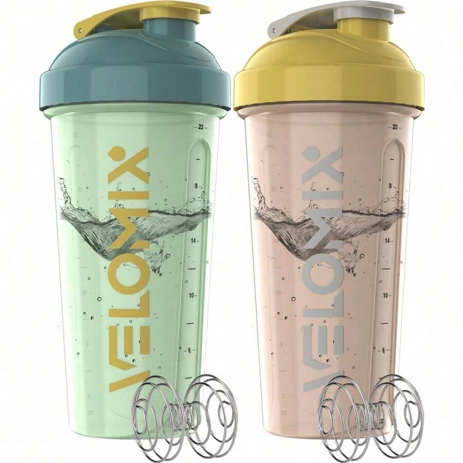 2-Pack 28oz/830ml Premium Shaker Bottles With 4 Stainless Steel Balls - Leakproof Mixer Cups For Protein, Smoothies & Meal Replacement - Gym, Office, Travel & Home Use - Blue & Clear Combo With Measurement Marks - Cloud Gray & Butter Beige - 查看 1