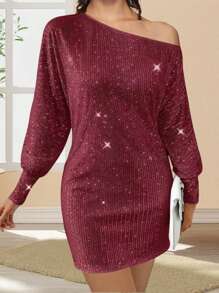 Women Y2k Sparkly Sequins Babydoll Mini Dress Shiny Long Sleeve Crewneck Glitter Short Club Party Dress