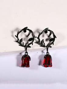 1 对哥特式荆棘藤蔓和红玫瑰花朵耳环，适合女士，万圣节 - 紅黑色 - 查看 6