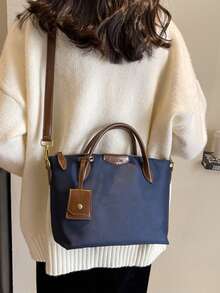 Nueva bolsa cuadrada portátil de tela de nailon impermeable de unicolor con doble asa, se puede colgar, adecuada para viajar, comprar y desplazarse, bolso bandolera vintage con hebilla de aguja, bolso de mano de gran capacidad - Azul - Ver 3