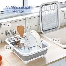 1pc Plastic Dish Rack, Collapsible Dish Drying Rack With Utensil Holder, Foldable Tableware Storage Rack, Kitchen Storage Basin, Space-Saving Sink Drainer For Home, RV, Camping - Ideal For Travel Trailers & Motorhomes, Draining Basket, Kitchen Essentials - Grey - View 1