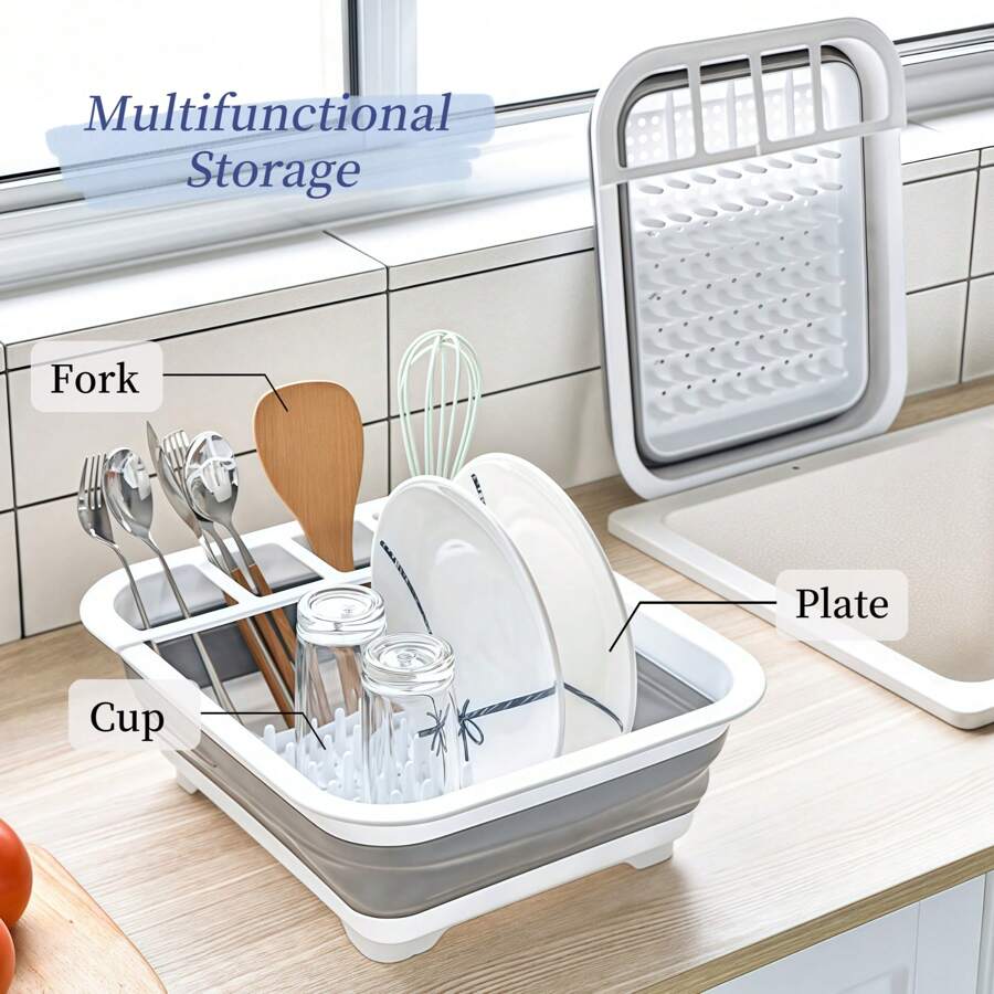 1pc Plastic Dish Rack, Collapsible Dish Drying Rack With Utensil Holder, Foldable Tableware Storage Rack, Kitchen Storage Basin, Space-Saving Sink Drainer For Home, RV, Camping - Ideal For Travel Trailers & Motorhomes, Draining Basket, Kitchen Essentials - Grey - View 1