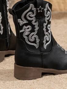 儿童靴子，百搭户外时尚童鞋，舒适内衬西部公主靴，带可爱刺绣 - 黑色 - 查看 5