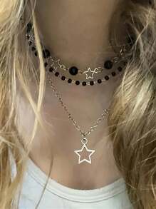 Set da 3 collane in stile bohémien con perle finte nere a forma di croce/pentagramma, con cristalli e perline, include collane a forma di stella, cuore e motivi gotici, adatto a amiche, sorelle, donne, per uso quotidiano