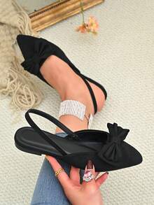 Sandale elegante pentru femei cu vârful închis și fundă, pantofi de birou cu vârful ascuțit, sandale plate fără mâneci cu finisaj de catifea, negre, primăvară/toamnă - Negru - Vizualizare 6
