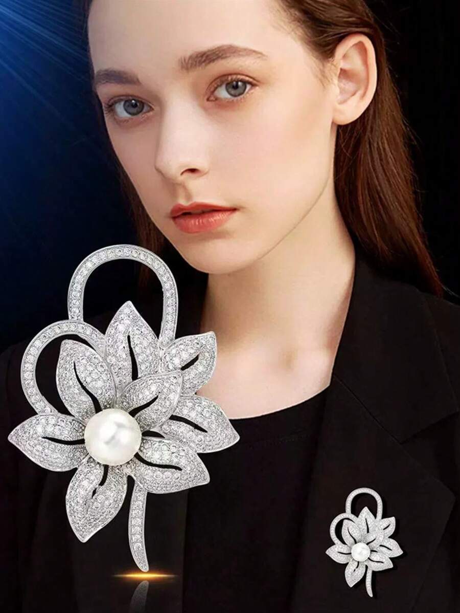1 件时尚合金双花瓣仿珍珠水钻胸针，百搭服装配饰，银色 - 完美的礼物办公室配饰衬衫夹克珠宝圣诞节万圣节 - 彩色 - 查看 1