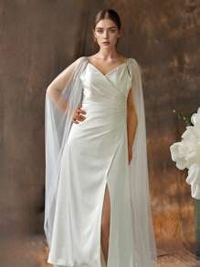 1 pieza Capa nupcial larga con flecos, chal decorado con lentejuelas con broche, elegante para que las mujeres asistan a fiestas de noche, ropa casual de otoño para mujeres