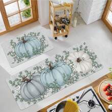 1/2 piezas Alfombras de piso de otoño y Acción de Gracias, elegante alfombra de cocina con estampado de calabaza azul y hoja verde, apropiada para uso interior/exterior, perfecta para actividades festivas, decoración de ambiente de Acción de Gracias, decoración de piso | Alfombras festivas de piso | Alfombras de piso duraderas - Multicolor - Ver 4