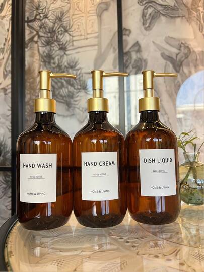 Set de 3 botellas recargables de 500ml/16oz de color marrón con bomba, botellas de plástico vacías para champú, acondicionador, gel de baño, jabón líquido, loción corporal, cosméticos, accesorios de baño reutilizables