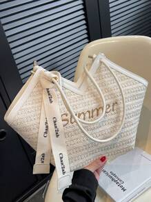 2024新款时尚小丑拼色设计褶皱纹理大容量双手柄单肩托特包，适合旅行、购物、通勤，带围巾装饰