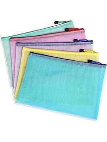 A4 Files Folder 5pcs Zip Lock Mesh Document Files Plastic Wallet Folder For School Office Home Homework Travel Storage,For School Supplies,Back To School - Multicolor - View 7