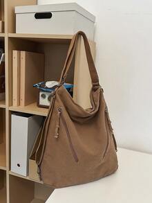 1pc Multipurpose Canvas Shoulder Bag For Women, Casual Crossbody Bag With Zipper Pockets, Suitable For Outings And Gatherings - Brown - View 3