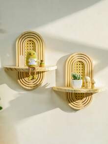 1Pc/2pcs Arc-Shaped Wooden Floating Shelf, Modern Floating Wooden Shelf, Rainbow Display Wall Art Shelf, Wooden Wall Hanging Shelf, Designed By Professional Craftsmen, Easy To, Suitable For Flowerpots, Green Plants, Crystals, Quartz, Home Decoration Wall Hanging, Room, Living Room, Garden Decoration, Small Wooden Decoration Shelf, Bohemian Style - Beige - View 9