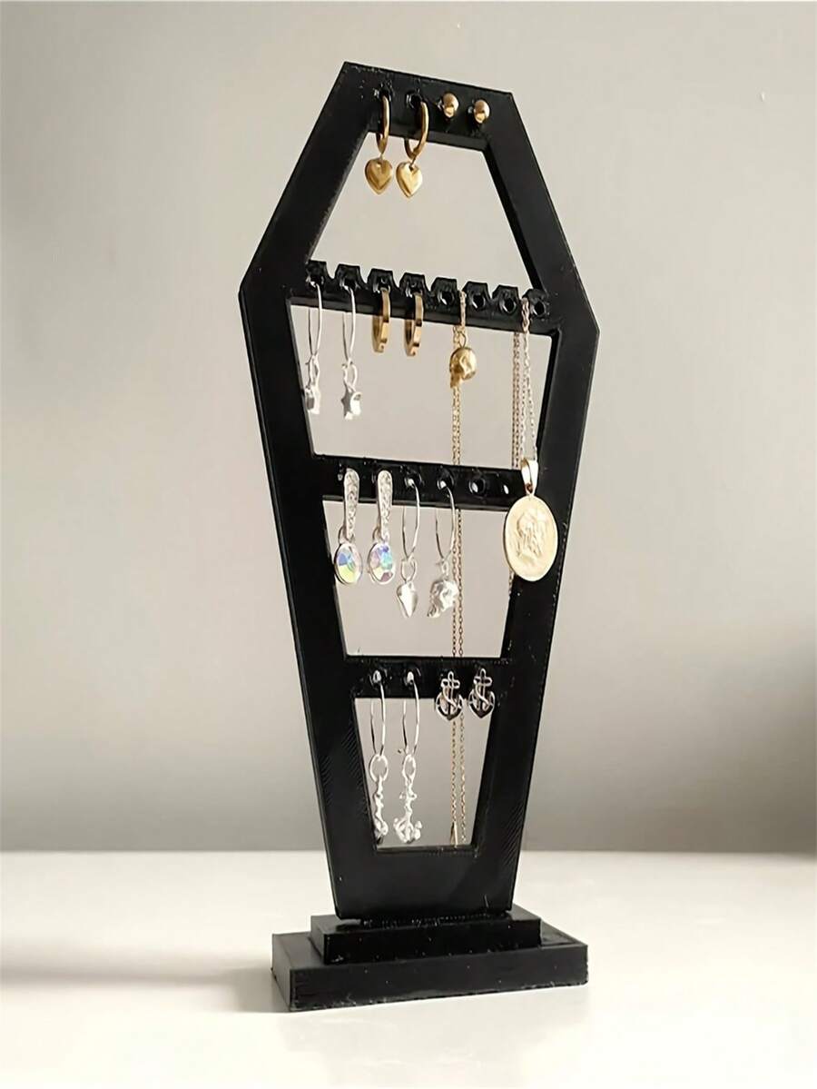 1pc Gothic Style Earring Storage Rack - Durable Plastic Rectangular Desktop Organizer With Multiple Hooks, Black Home Decor For Bathroom Bedroom Living Room, Halloween Holiday Gift, Bedroom Accessory, Decorative Stand, Compact Organizer, Unique Geometric Design, Jewelry Towers - Black - View 1