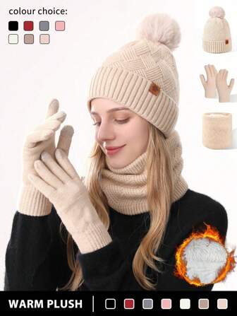 1-3 Pcs/Set Women's Winter Knit Beanie Hat, Scarf And Touchscreen Gloves Set, Double Layered Thick Warm Headwear With Thermal Lining, Diamond Pattern Textured Fabric, Fluffy Pom Pom, For Skiing, Travel, Driving, Dating, Daily Use As Gifts Winter Accessories Winter Outfits