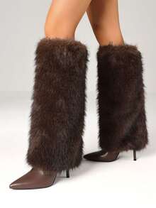 Women's Y2K Furry Fluffy Fold Over Knee High Boots Fashion Pointed Toe Stiletto High Heels Sexy Elegant Faux Fur Long Boots Woman
