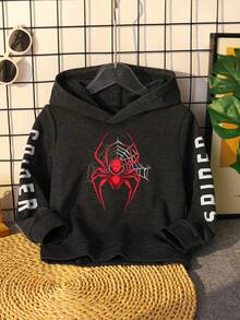 Toddler Boys' Cool Street Fashion Casual Outdoor Gift Cute Comfortable Spider Web & Letter Print Solid Color Hooded Long Sleeve Sweatshirt, Autumn
