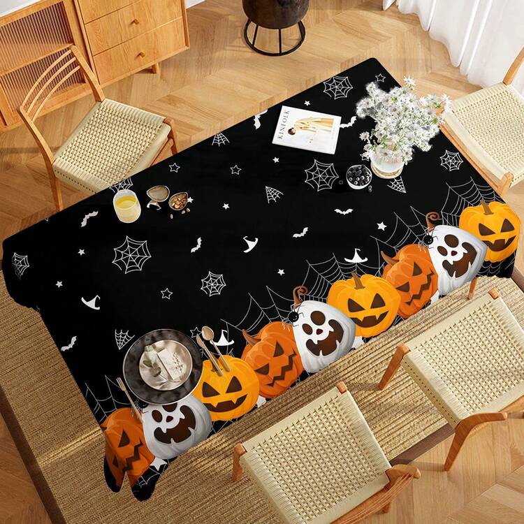 1pc Round Tablecloth Diameter 145cm (57.08inch), Rectangular Tablecloth 140x180cm (55.11inch X 70.86inch). Halloween Pumpkin Face Pattern Polyester Tablecover, Black Background With White Spider Web, Bats, Stars And Witch Hat Patterns, Suitable For Round Dining Tables, Holiday Gatherings And Party Decor - Black and White - View 9