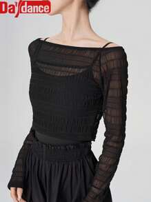 Daydance 女士轻薄纱质舞蹈褶皱上衣宽松舞蹈衬衫长袖成人青少年体操瑜伽训练舞蹈服（您可以根据自己的体型选择大一码）