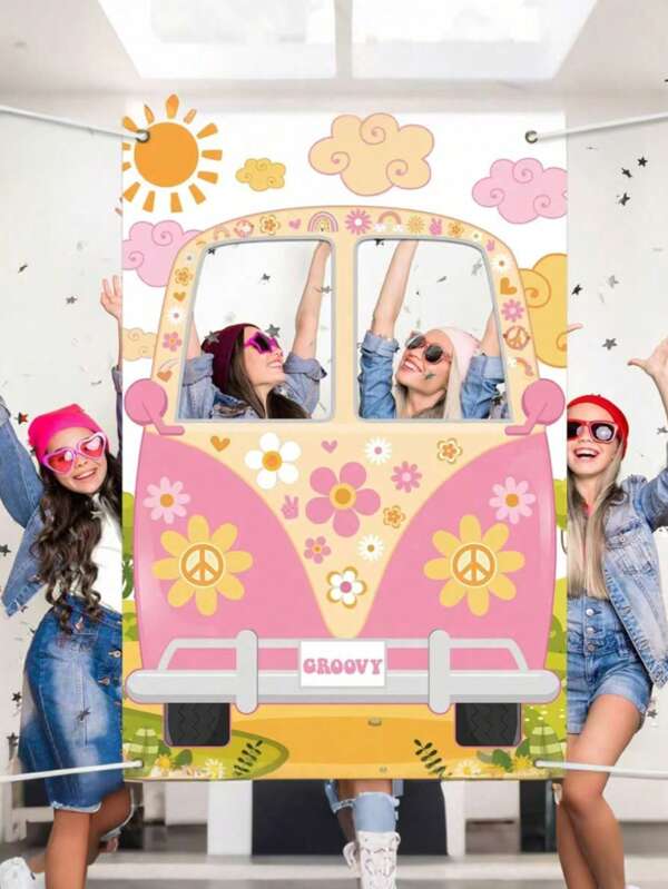 Foto-rekwisieten voor hippiebussen, hippe feestdecoraties, grote stoffen hippe busrekwisieten, hippie selfie-achtergrondbanner met frame, feestbenodigdheden voor verjaardagen, vintage madeliefjes, feestgunsten uit de jaren 60 en 70, 149 x 100 cm - Valentijnsdag foto-rekwisieten