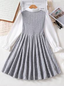 Nuevo vestido línea A con cuello y bloque de color para niñas preadolescentes, estilo universitario, para otoño - Gris - Ver 2