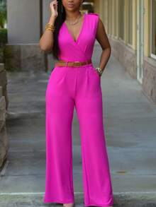 女士高腰 V 领阔腿裤连体裤不对称套装（配腰带） - 粉色 - 查看 4