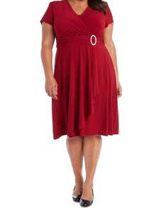 Elegant Plus Size Casual Midi Dress - V-Neckline, Short Sleeves, Solid Color, Slight Stretch, Knit Fabric, Asymmetrical Skirt, Perfect For Spring/Fall Weekend Wear, Women's Chic Relaxed Fit Fashion - 綠色 - 查看 2