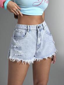 Jeanoix 高腰毛边下摆斜口袋休闲牛仔短裤 - 淺色水洗藍 - 查看 1