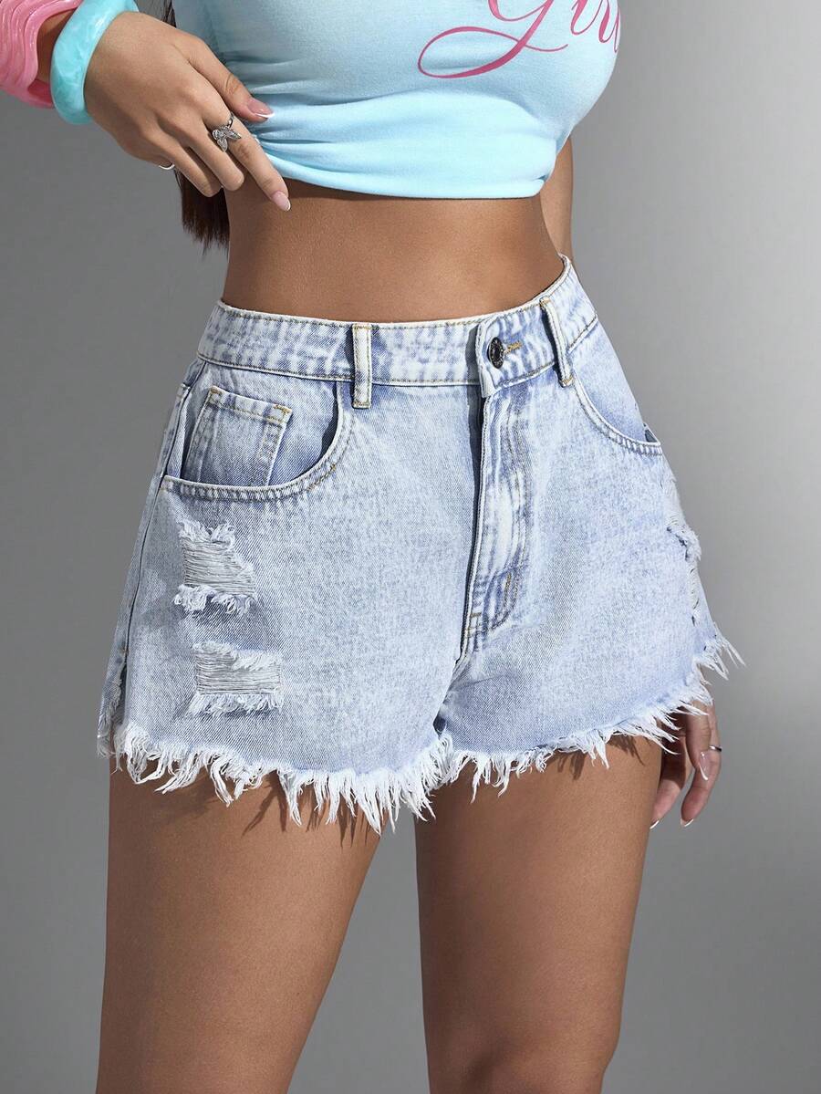 Jeanoix 高腰毛边下摆斜口袋休闲牛仔短裤 - 淺色水洗藍 - 查看 1