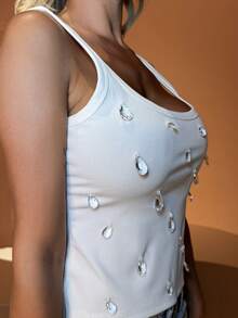 Manon Tanti Crystal Embellished Ribbed Tank Top Summer Crop Vest Party Club Evening Glamour Y2K Fashion Sleeveless Diamond Detail Camisole - View 6