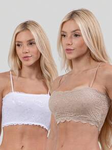 Women's Lace Top Set With Thin Straps - 白色和米色 - 查看 1