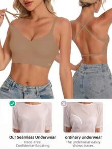 女士无痕露背文胸，无肩带文胸，夏季文胸，婚纱文胸，新娘内衣，3种肩带可选，无缝透气，可调节肩带，轻盈舒适，透气性佳，适合婚礼、正式礼服、吊带裙，A/B罩杯 - 咖啡棕 - 查看 8