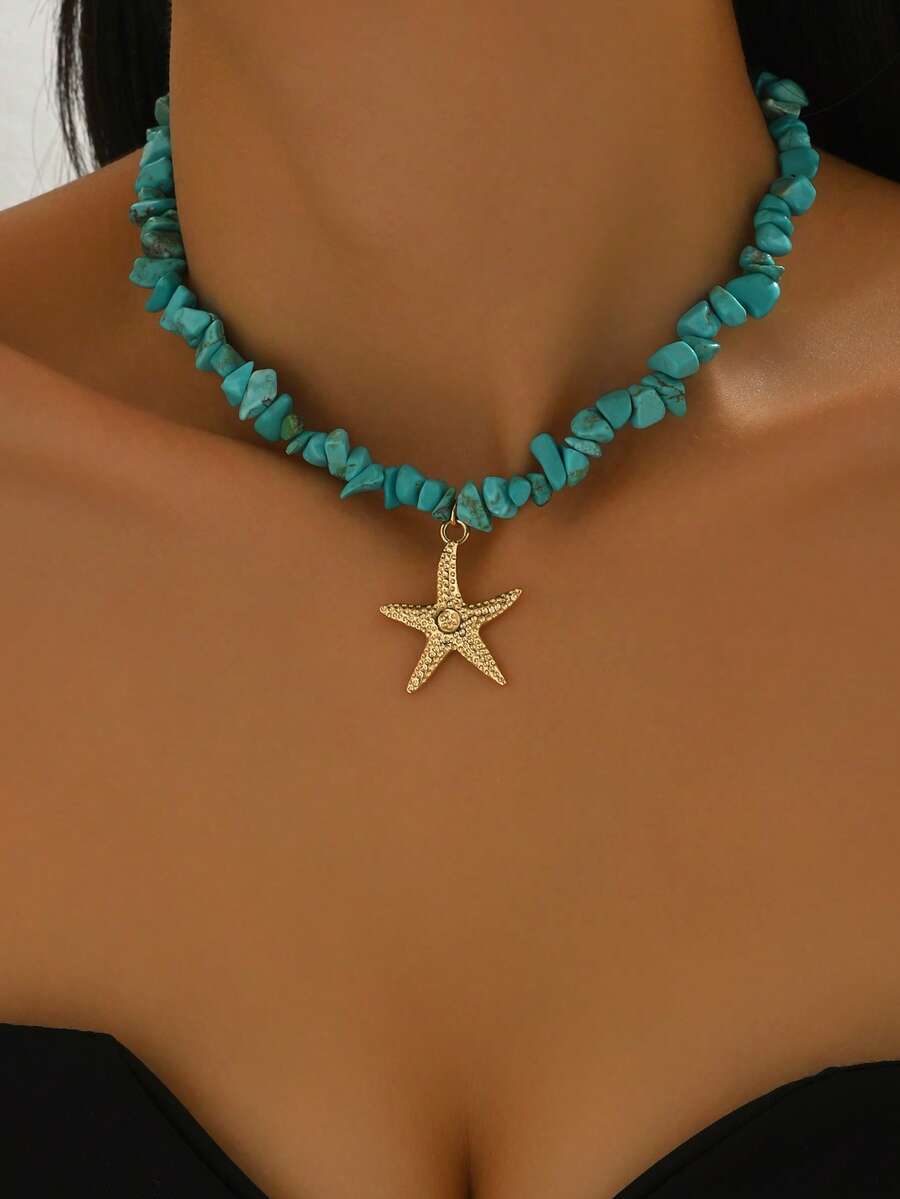 1件夏季波西米亚风格手工天然绿松石锁骨链时尚百搭合金海星吊坠项链，适合女士日常佩戴、节日、派对、音乐节。天然绿松石的形状、大小和图案随机。 - 彩色 - 查看 1