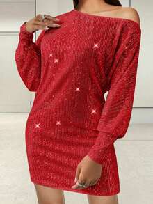 Women's Off One Shoulder Sequined Dress Slim Fit Stylish Sparkly Long Sleeve Mini Bodycon Dress - 紅色 - 查看 5