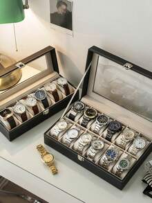 Quadratische Uhrenbox mit 6/10/12 Fächern, Samtfutter, Klappdeckel aus PU-Leder, schwarze Aufbewahrungsbox für mechanische Uhren, Schmuckkästchen, exklusive Herrenbox, multifunktionale Uhrenbox für Damen und Herren, geeignet für mechanische Uhren, Quarzuhren und Kinderuhren; auch zur staubdichten Aufbewahrung von Schmuck und Brillen geeignet. Großzügiges Fassungsvermögen für Sammlung und Präsentation. - Verschiedenfarbig - Übersicht 1