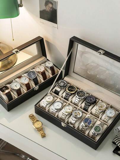 6/10/12 Grid Square Display Box, Velvet Lining, PU Leather Flip Cover Lid, Black Watch Storage Box, Watch Mechanical Decoration, Jewelry Box, High-End Exquisite Men's Box, Multi-Function Watch Box For Men And Women, Suitable For Mechanical Watches, Quartz Watches, Children's Watches; Can Also Be Used For Dust-Proof Storage Of Jewelry And Glasses. Large Capacity Display Box For Collection And Display